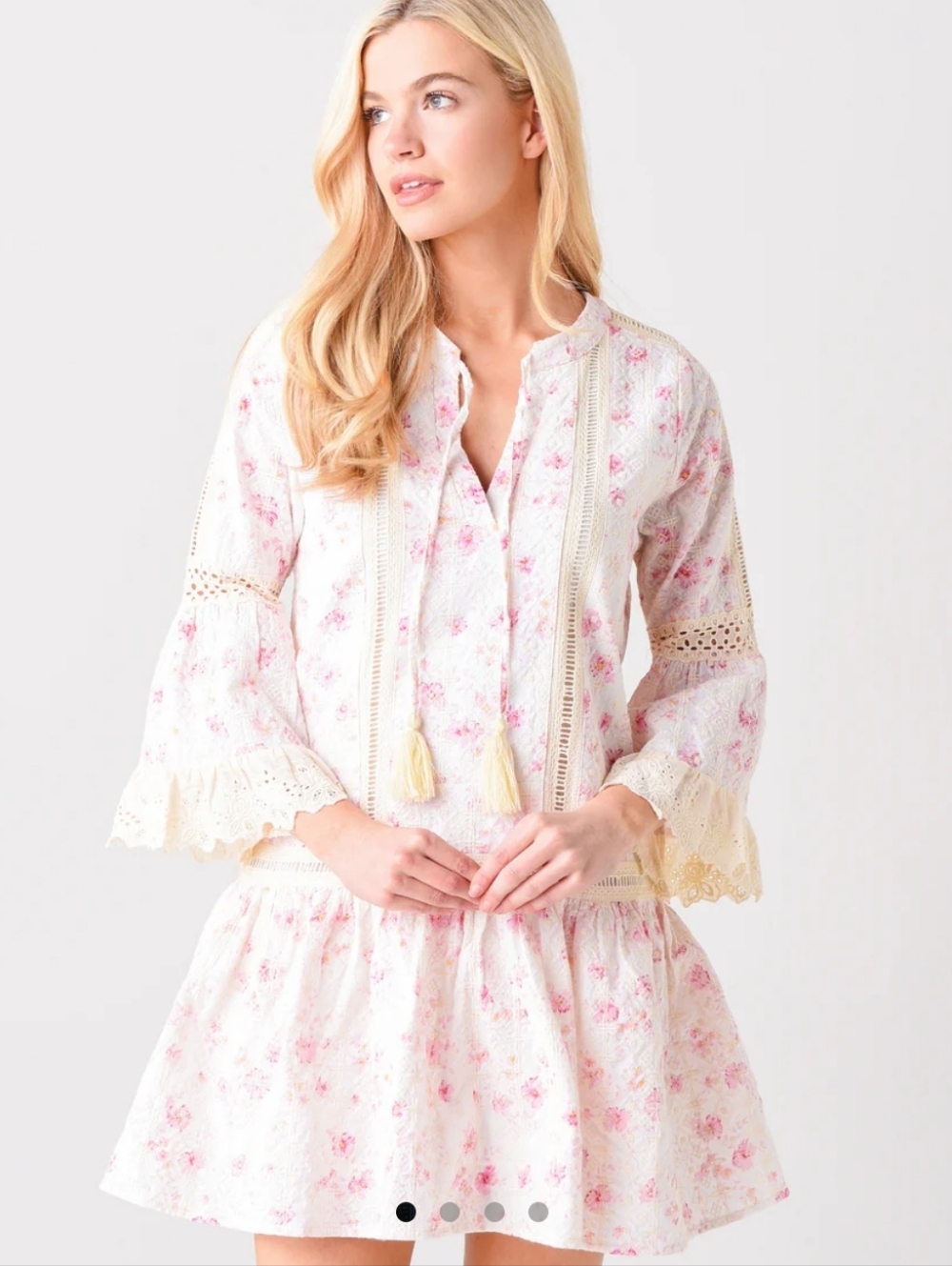 Embroidered Drop Waist Dress Eyelet Boho Floral Bell Sleeve Cottage Cream SIze L - Picture 1 of 15